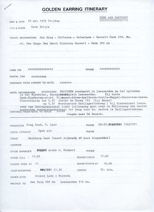 Golden Earring show Itinerary May 25, 1979 Genk - Melkberg